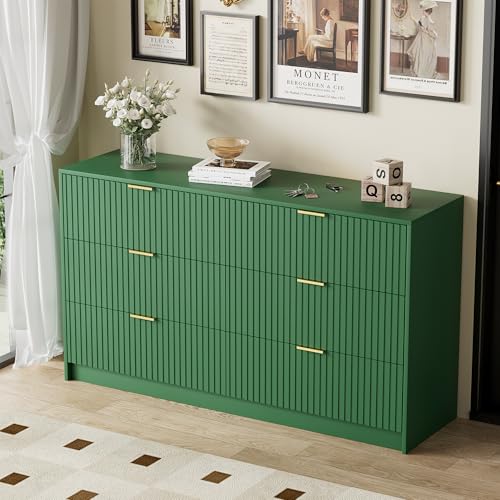 Image of Furniway Green Dresser for Bedroom, Modern Dresser with 6 Drawers and Smooth Slides, Wide Chest of Drawers with Golden Handles for Bedroom, Living Room, Closet, 15.7 inch D x 55.1 inch W x 31.4 inch H