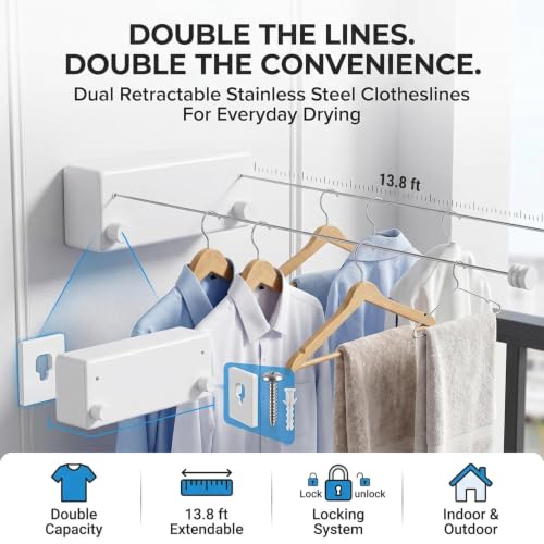 Image of Retractable Heavy Duty Double Clothesline for Drying Clothes Indoor Outdoor | Dual 13.8 ft Stainless Steel Ropes | Wall Mounted or No-Drill Laundry Drying Rack for Balcony(Dual Liner White)