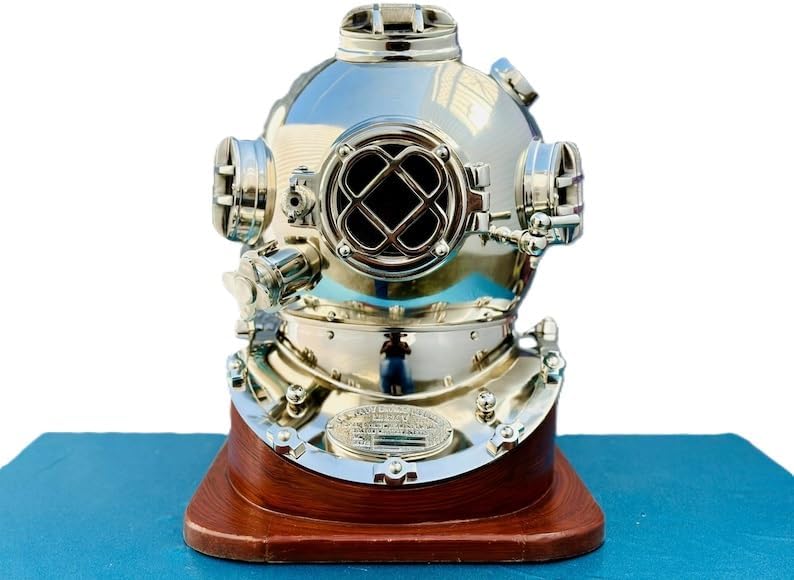Scuba Diving Helmet | Chrome Plated US Navy Deep Sea Divers Helmet | Diving Helmet | Nautical Lovers Gift Haome Decor