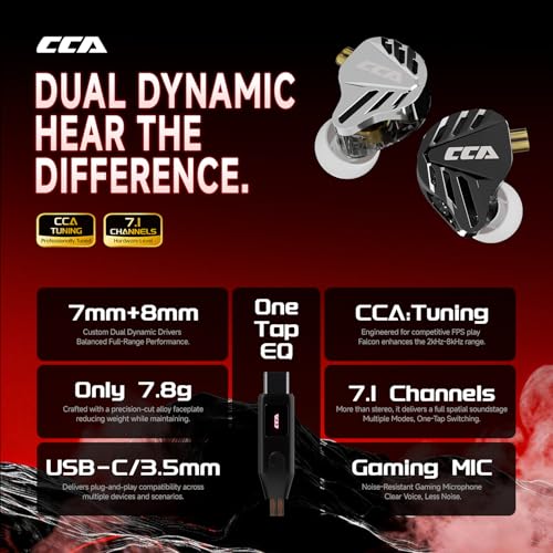 Image of CCA Falcon 2 DD in Ear Monitor, Immersive Stereo Gaming Earbuds, HiFi Noise Isolating in Ear Headphones, Crystal Clear & Deep Bass IEMs for Gamers Singers Musicians Audio Engineers