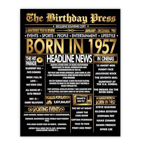 Stuff4 Póster dorado de 68 cumpleaños sin marco, periódico dorado nacido en 1957, feliz cumpleaños 68 para hombres y mujeres, regalos retro vintage en 1957, decoración de fiesta de cumpleaños de 8 x