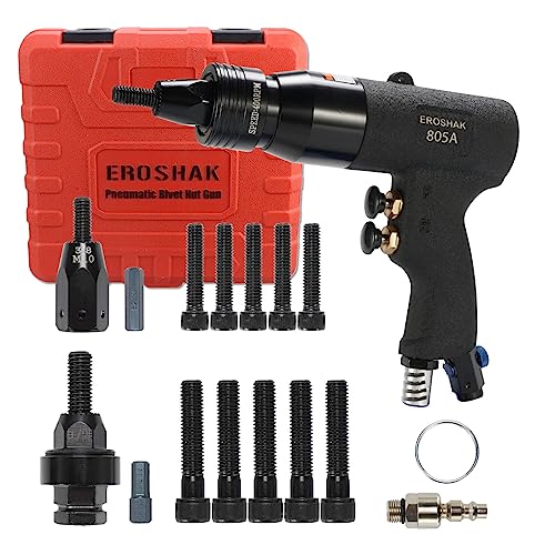 EROSHAK Pistola neumática de tuerca de remache M10, M12 pistola de cabeza de autobloqueo con mandriles de repuesto, kit de herramientas de remache de velocidad ajustable de grado industrial MODEI:
