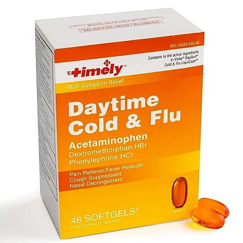 TIME-CAP LABS, INC. Timely Daytime Cold and Flu Medicine 48 Softgels - Compared to The Active Ingredients in Vicks DayQuil Cold & Flu LiquiCaps - Cough Suppressant, Nasal Decongestant, Pain Reliever