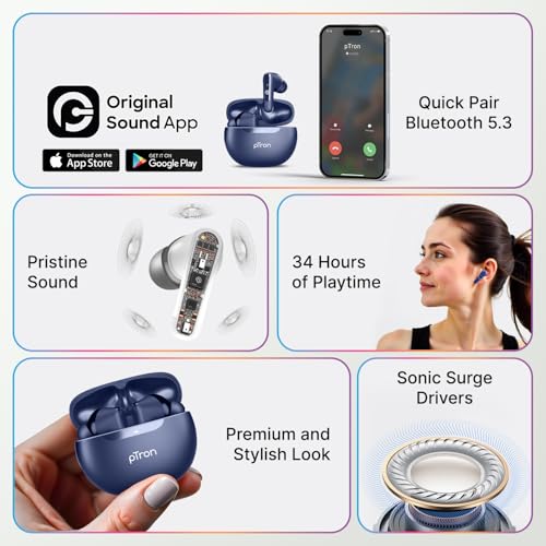 Image of pTron Bassbuds Astra in-Ear TWS Earbuds w /Stereo Sound, 34Hrs Playtime, Stereo Calls, Custom EQ, Mobile App, BTv5.3 Headphones, Touch Control, Voice Assistant, Type C Charging & IPX4 (Navy Blue)