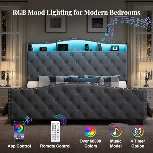 Image of Belffin Queen Size Bed Frame and Headboard, 50.9 inch Velvet Upholstered Wingback Bedframe with LED Lights & Storage /Charging Station, Button Tufted Tall Footboard, No Box Spring Needed, Noise-Free, Grey