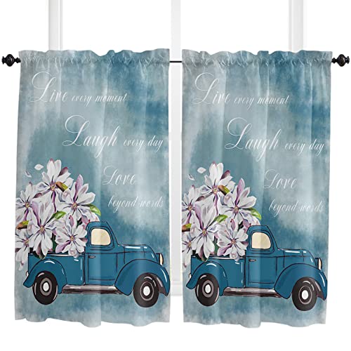Vintage Blue Truck Floral Window Curtain Panels Set of 2, Rod Pocket Drapery Curtains for Kids Bedroom Living Room Kitchen Basement, Washable Valance Window Drapes, Magnolia Flower, 27.5x45inch