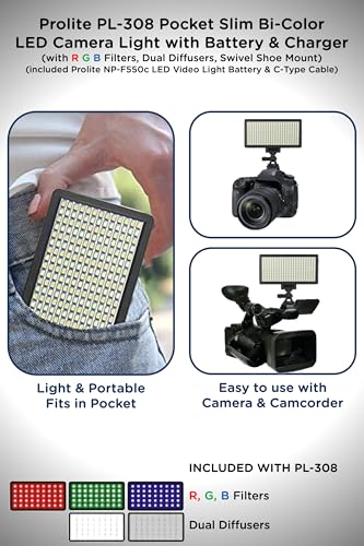 Image of Prolite Bi-Color LED PL-308 Camera Video Light | Slim, Pocket LED | with NP-F550 Battery, C-Type Cable, RGB Filters & Two Diffusers | Used in Wedding Photography, YouTube, TikTok Video Shoot