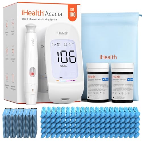 iHealth Acacia Blood Glucose Monitor Kit, 100 Glucometer Strips, 100 Lancets, 1 Blood Sugar Monitor, 1 Lancing Device, 1 Travel Bag, No Coding, Portable Blood Sugar Testing Kit, Diabetes Testing