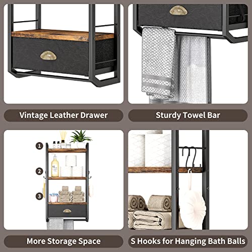 Jzm Bathroom Storage Organizer Wall Mounted, 3 Tier Bathroom Towel Rack Shelf With Storage Drawer Double Towel Bars And Hooks, Industrial Bathroom Shelves Over Toilet, Rustic Black And Brown (A) #TOP6