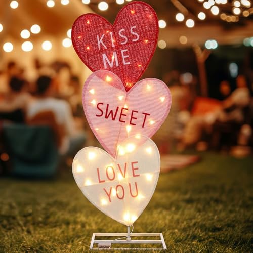 VIHOSE Valentine's Day Heart Lights 41 Inch H Pre-lit Lighted Heart Decor with 50 Warm White Lights Valentine's Day Conversation Candy Hearts Decoration for Indoor Outdoor Porch Garden Lawn(Classic)