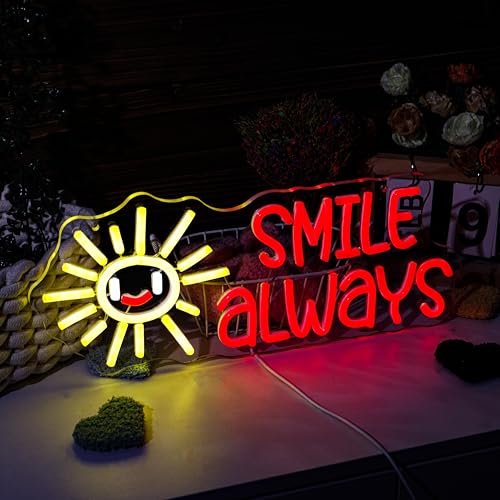 Image of Smile Always Neon LED Sign with Happy Sun Red Yellow Sunshine Gift for Friends Kids Teenagers Positive Quote for Classroom, Office, Bedroom, Man cave, School Nursery Wall Decor