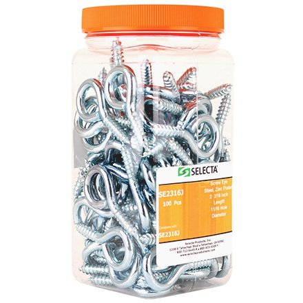 Selecta SE2316J Steel, Zinc Chromate 2-2/16 x .225 Screw Eyes with Lag Screw Thread, Jar of 100