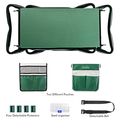 Garden Kneeler and Seat, Upgraded Folding Garden Bench Stool Portable Garden Kneeler Sturdy Gardening Tools with 2 Free Tool Pouch, Detachable Belt, EVA Kneeling Pad, Ideal Gardening Gift