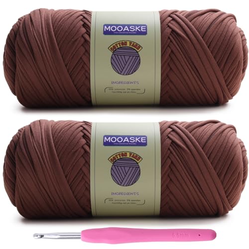 Image of Mooaske 2 Pack T-Shirt Crochet Yarn for DIY Knitting Crochet Cloth Blanket Bag Dolls - 400g Chunky Thick Yarn for Crocheting with Polyester-Spandex Blend Elastic Fabric (Dark Brown)
