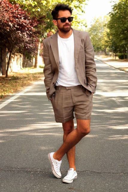 Wangyue Men's 2 Piece Linen Suits Set Linen Blazer Short Pants Slim Fit Casual Summer Beach Seersucker Suit2