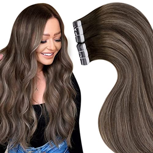 Brown Hair Extensions Tape In Human Hair Balayage Dark Brown To Ash Blonde Remy Tape In Hair Extensions Human Hair For Women 20Pcs 50G 22" #TOP17
