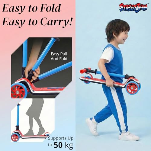 Image of STREETJAM Kurbee Kids Kick Scooter for 3-12 Years, Dazzling Chrome-Finished Deck (1st Time in India), BIS Approved, Extra Wide Deck, Two-Tone Design, Up to 50 kg Load (Red with Blue)