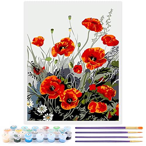 Toudorp sans Cadre Peinture par numéros Fleur pour Adultes Enfants Débutant DIY Acryliques Kits de Peinture à l'huile - Motif Coquelicot Rouge 40 x 50 cm Cover