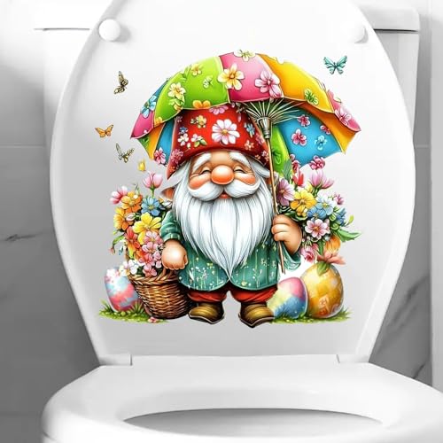 1pcs Gnome Decor Wall Decal,Pink Dwarf Toilet Lid Decal,Colorful Flowers and Gnome Design,Waterproof Vinyl Decal for Room Walls and Cars, Home Decor (Colorful Flowers)