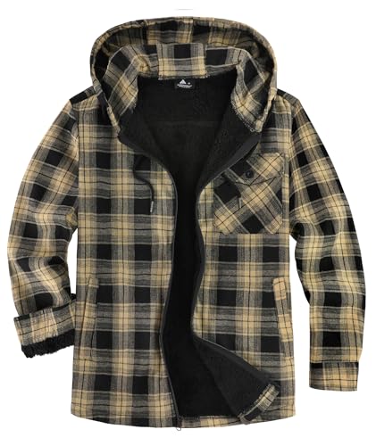 Image of V VALANCH Men's Sherpa Lined Flannel Jacket with Hood - Zip Up Plaid Shirt Jacket Winter Outdoor Warm Outerwear Fleece Coat