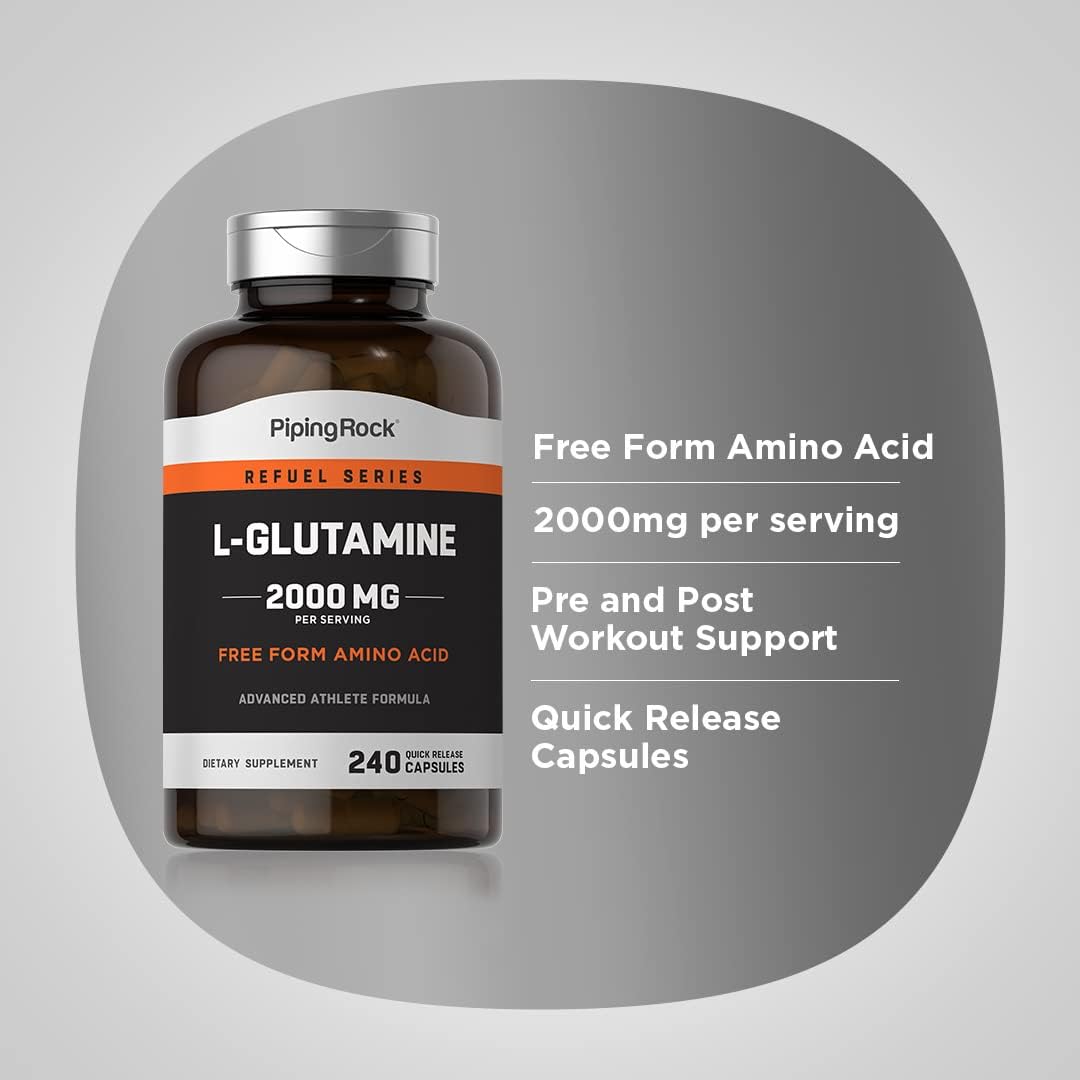 Piping Rock L-Glutamine Capsules | 2000 mg | 240 Count | Free Form Amino Acid Supplement | Non-GMO, Gluten Free