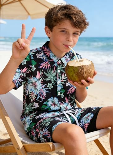 Image of UNICOMIDEA Boys Hawaiian Outfits Tropical Print Button Down Shirt + Swim Trunks 2 Piece Sets for 5-12T Kids