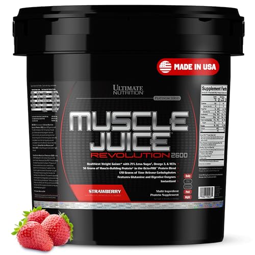 Ultimate Nutrition Muscle Juice 2600 Revolution, Weight Gain Drink Mix - Mass Gainer Workout Powder Supplement for Lean Muscle Growth & Recovery with 56g Protein Blend - Strawberry, 11.105lb