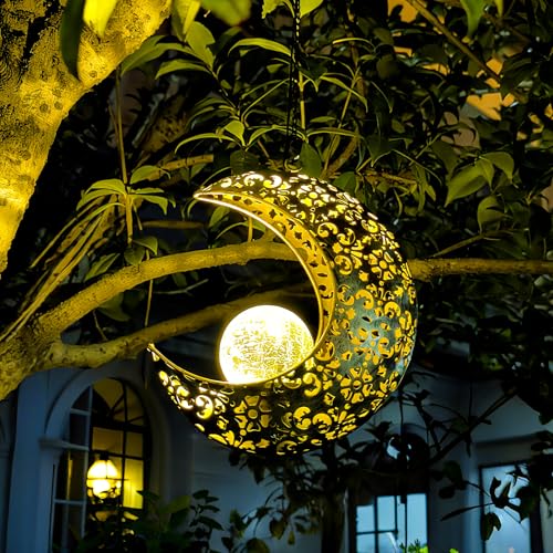QCF Solar Garden Hanging Moon Lights Outdoor Decor,Metal Lanterns Art Decorations for Outside Yard Lawn Patio Wall Fences Driveway Trail,Unique Housewarming Gardening Gifts for Women Mom