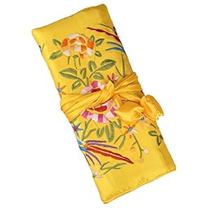 Lidwot 1 Piece Yellow Embroidery Flower and Bird Silk Brocade Jewelry Roll Bag,Travel Jewelry Organizer Bag with Ribbons Tie Close