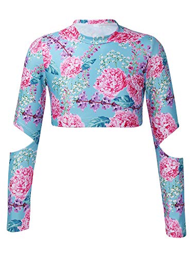 Hansber Kids Girls Floral Printed Crop Top Long Sleeve Compression Shirts Yoga Sport Tops Activewear Dancewear Blue Flower 4