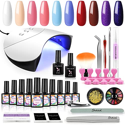 Shelloloh 10 Farben UV Nagellack 10ml UV Gellack Starter Set Top Coat Base Coat Nageldesign Set Farbgel Gel Nägel…