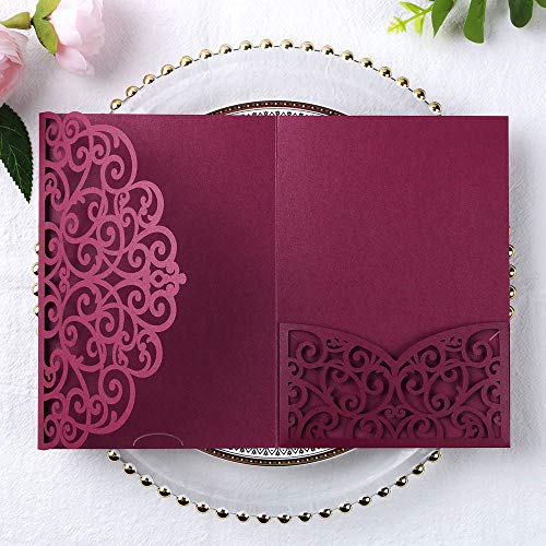 PONATIA 5.12 x 7.2 Inches 20PCS Tri-Fold Laser Cut Wedding Invitation Pocket