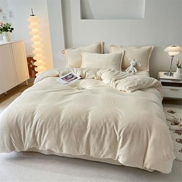 Fleece Fitted Sheet Winter Flannel Duvet Cover Solod Color Soft Warm Quilt Cozy Thick Comforter for Adults Children Queen King Bed LinenBeige,1pcs 220x240cm