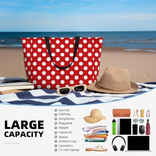 Waterproof Sandproof Beach Bag White Polka Dot Bright Red Swim Large Tote Pool Bag For Women With Zipper4