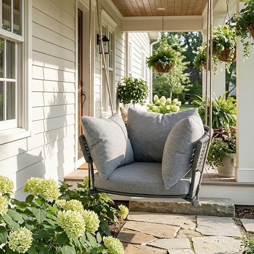 Image of Single Seater Porch Swing, Macrame Hanging Swing Chair Outdoor, Hammock Chairs for Adults, Outdoor Patio Swings with Cushions, Rope Rattan Hanging Chairs, Reading Nook Chair for Bedroom, Grey