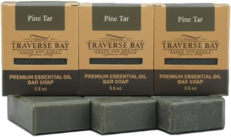 Traverse Bay Bath and Body Pine Tar Soap - Natural Cold Process Handmade Soap with Essential Oils- Pine Tar For Men With Activated Charcoal & Colloidal Oatmeal. Made in USA- 3 Bar Pack 15 + Oz