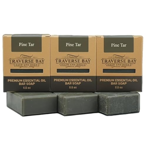 Traverse Bay Bath and Body Pine Tar Soap - Natural Cold Process Handmade Soap with Essential Oils - Pine Tar For Men With Activated Charcoal & Colloidal Oatmeal. Made in USA- 3 Bar Pack 15 + Oz