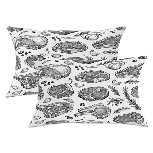 Juego de 2 fundas de almohada de carne, vintage, rústico, ajo, romero, ninguno, negro, con cremallera oculta, almohadas decorativas para el hogar, dormitorio, sala de estar, sofá, decoración de 20 x