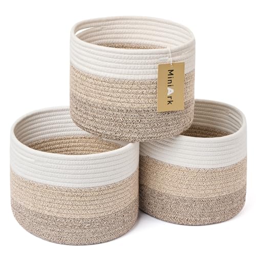 Image of MiniArk Small Basket for Organizing | Cube Shelf Closet Storage Baskets | 9.7×9.7×7.1” | Woven Rope Gift Basket | Nursery | Round 3 Packs Gradient Brown