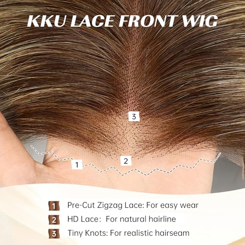 Image of KKU 16 Inch Brown Mixed Blonde Human Hair Wigs for Women,5x5 Lace Front Wigs Human Hair,wigs for women