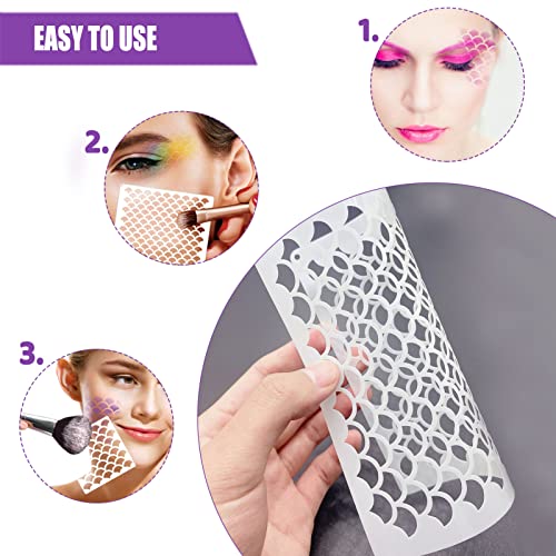 Image of 9 Pieces Mermaid Scale Stencil - Reusable Mermaid Face Makeup Stencils Fish Scale Templates and 4 Pcs Eye Makeup Brushes - Women Girl Cute Make Up DIY Tool Set