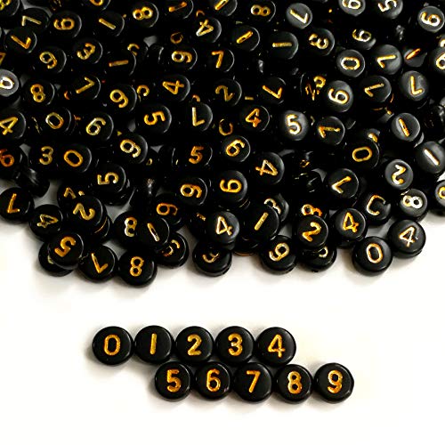 Image of Amaney 500pcs Black Acrylic Gold Number Beads 7x4mm Mixed Acrylic Round Shape Loose Beads