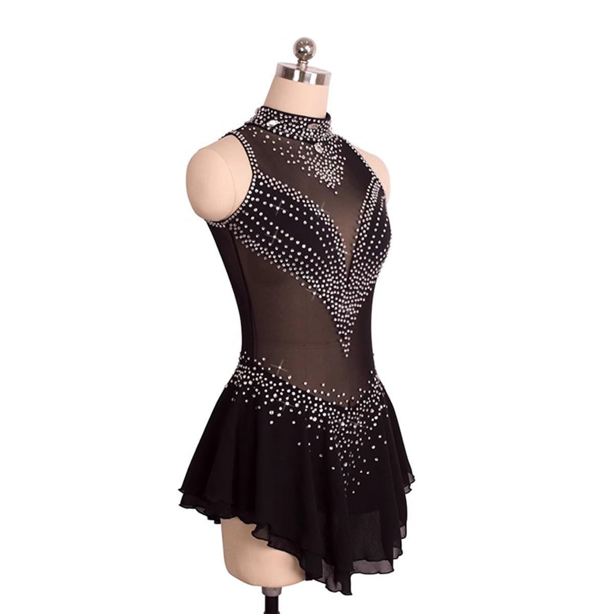 Vestido de Danza Patinaje Hielo para Mujer Maillot de Danza Maillot de Danza Moderna con Pedrerías Brillantes Leotardo de Baile sin Mangas Disfraz Bailarina,Negro,M