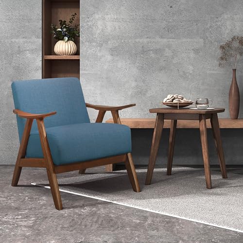 Lexicon Mid Century Modern Accent Chair with Solid Wood Frame in Walnut Finish, Upholstered Living Room Lounge Arm Chair, Thick and Comfy Innerspring Seat Cushion, Linen-Look Fabric, Blue - Image 3