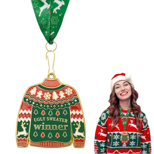 Slergut Ugly Christmas Sweater Medal 2025, 1 Pcs Ugly Sweater Award Medal with Green Neck Ribbon, Best Ugliest Sweater Contest Trophy Prizes Christmas Tree Ornament Xmas Party Award Medals