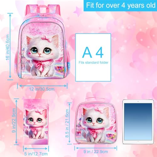 Image of CCJPX 3PCS Cat Backpack for Girls, 16 inch Kids Bookbag and Lunch Box for Elementary School Toddler Kindergarten Preschool