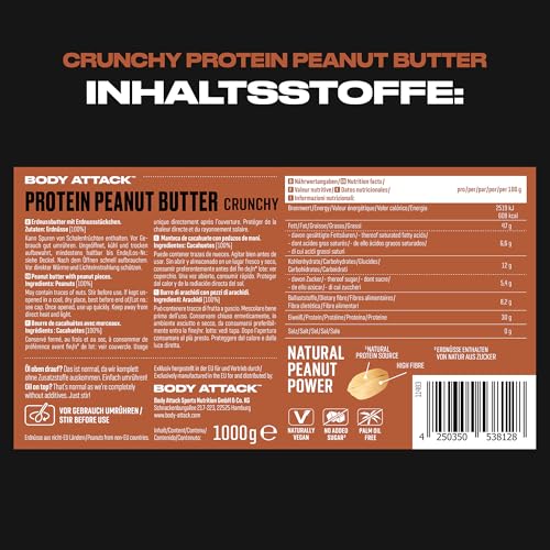 Body Attack Peanut Butter Crunchy, 1kg - Erdnussbutter mit Stückchen, 30% Protein ohne Zuckerzusatz, vegan, ohne palmöl