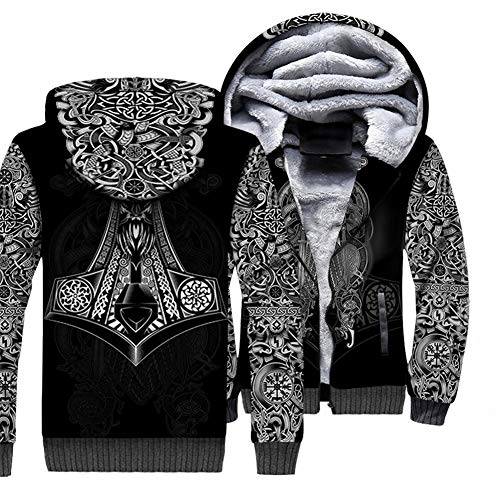 Unisex 3D Gedruckter Hoodie, Nordische Wikinger-Mythologie Odin Thors Hammer Tattoo Sweatshirt, Harajuku Streetwear Lässige Langarm Pullover Shirts,Cotton,2XL Cover