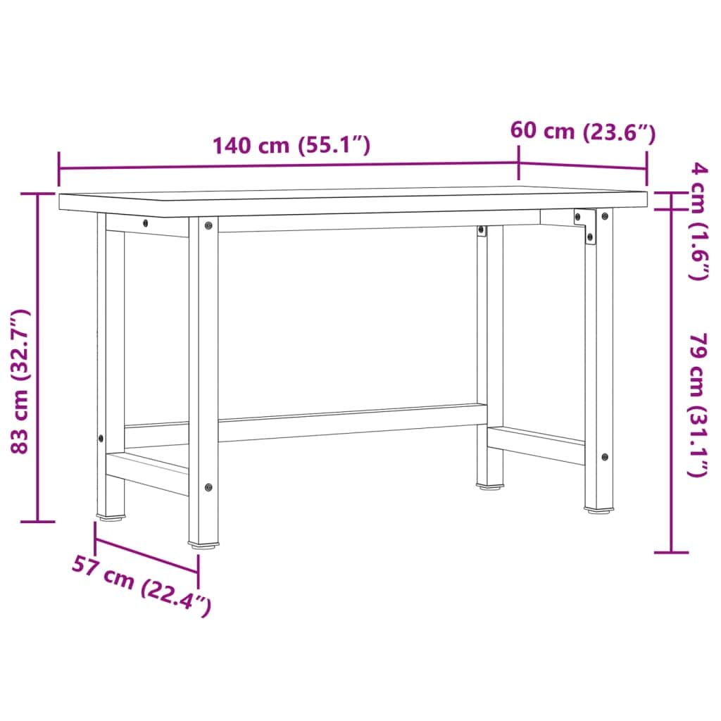 Banco da lavoro in legno di acacia massiccio, 140 x 60 x 83 cm, con struttura in metallo verniciato a polvere, rettangolare, per officina, garage, cantina, sala hobby
