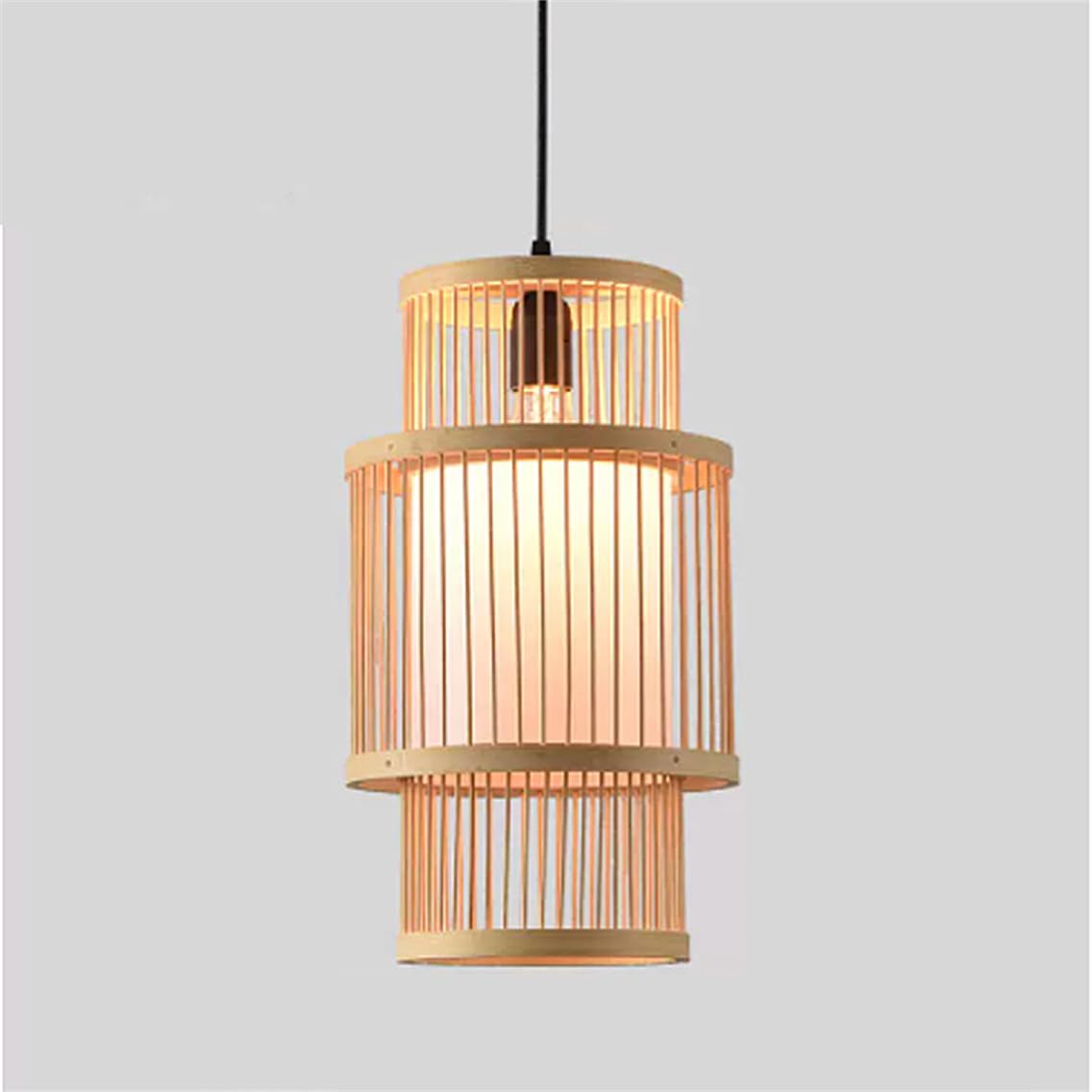 CSSYKV Faux Parchment Lantern Long Bamboo Chandelier Hand Woven Pendant Lights Beige Rattan Chandeliers 2-Tiers Design Restaurant Pendant Lamp Fixtures for Bedroom Kitchen Island Sunroom Foyer
